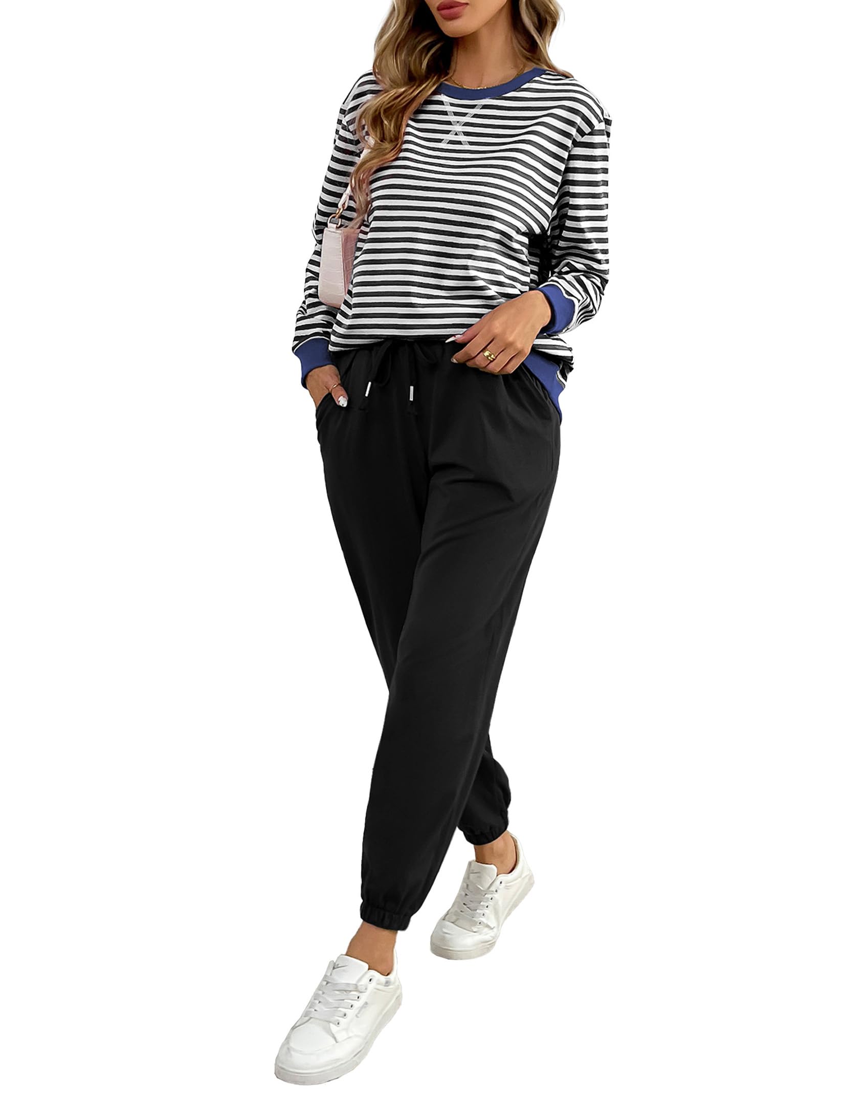 Conjunto acogedor de 2 piezas para mujer, conjunto de ropa de descanso a rayas, bloques de color, manga larga, pantalones deportivos, conjunto de chándal