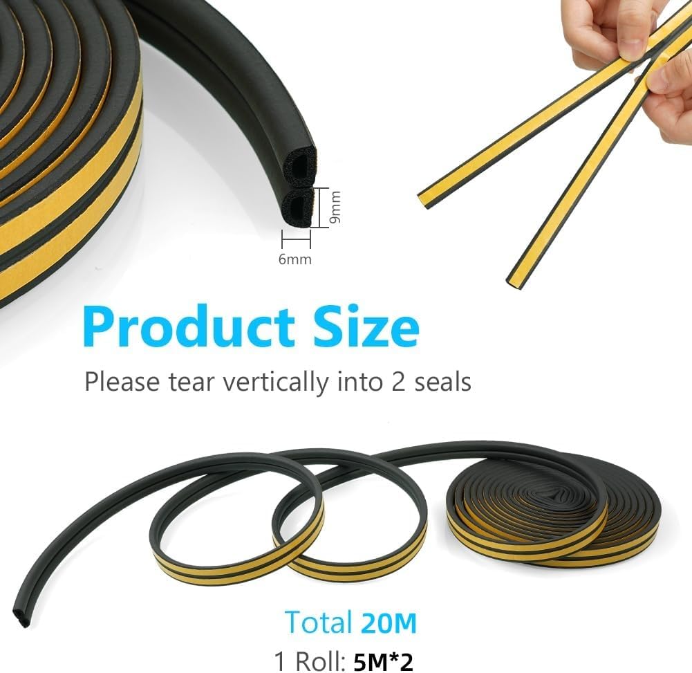 Draught Excluder Tape for Door Window Self Adhesive Foam Tape Insulation Strip Weather Stripping Type D, 2 Seals Total 66ft Black