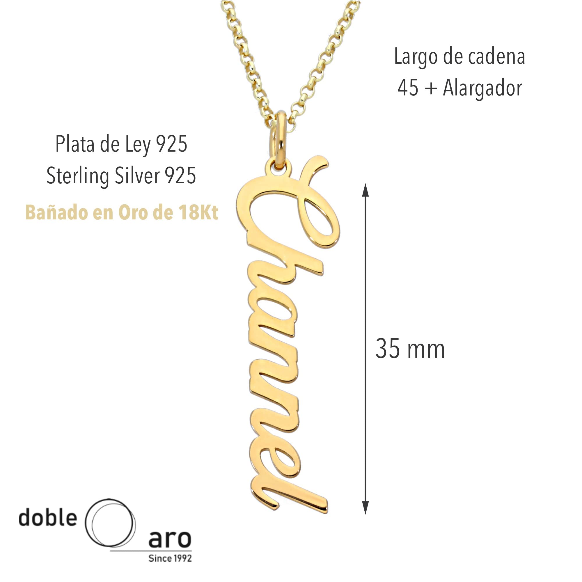 Colgante Personalizado con Nombre - Plata de Ley 925/1000 para Mujer – Collar Artesanal con Cadena Ajustable - Hecho en España (Modelo Vertical Oro, Plata de Ley)