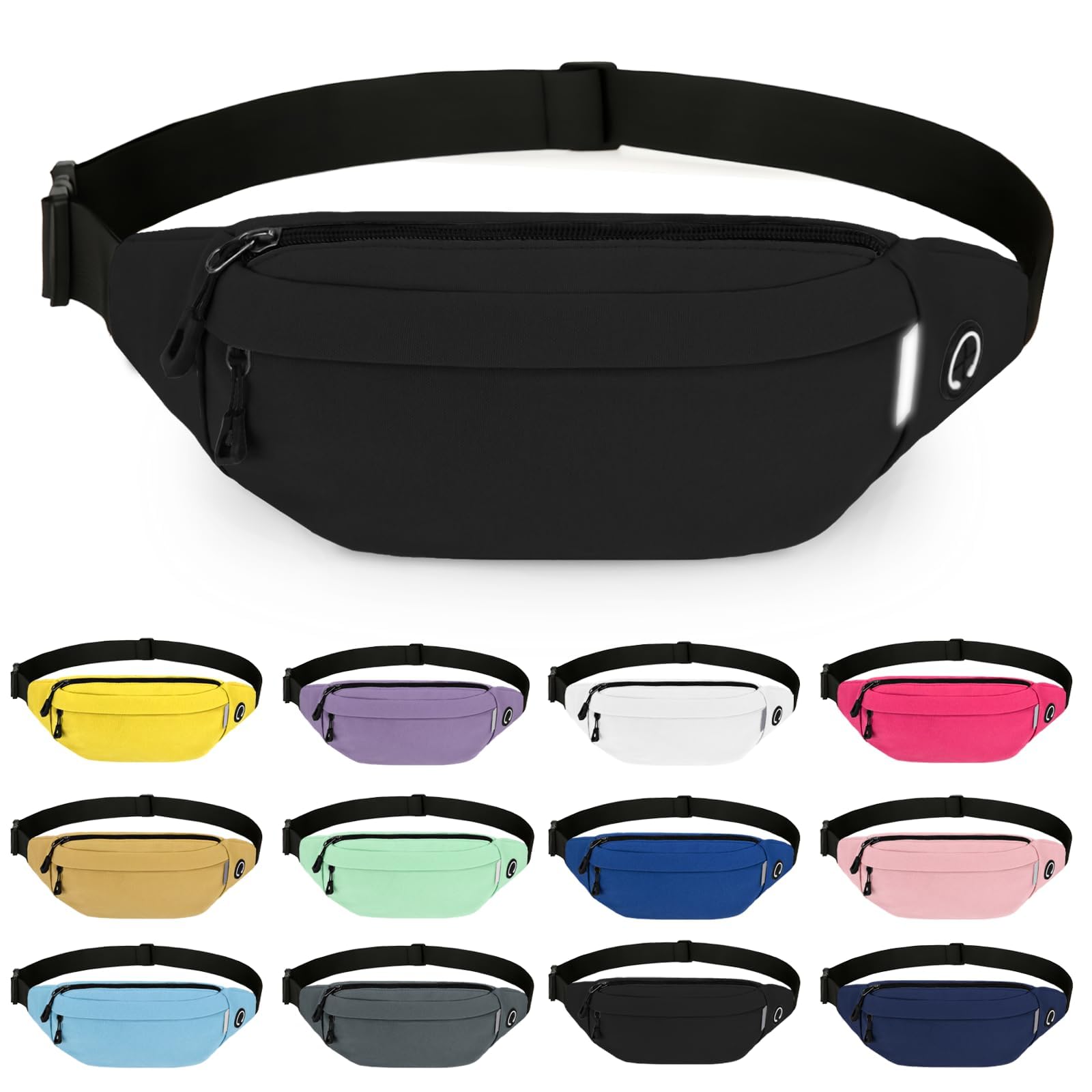 ZOORON Fanny Pack for Women Men with Reflective Strip,Crossbody Waist Bag | Fashion Quick-Dry Sports Belt Pouch for Running, Travel, Hiking. Features 3 Pockets, Jogging Belt Bag,Black
