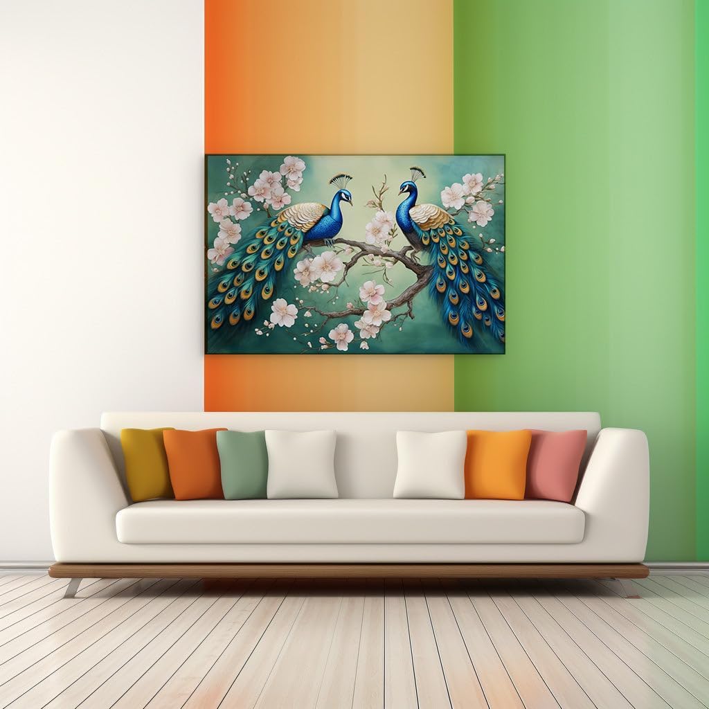 Canvas for Living room. Peacocks in Paradise: Nature's Symmetry Among Blossoming Branches, 27 x 18 inch Canvas Wall Art - Ready to Hang - 69x46 cm (27x18 inch)