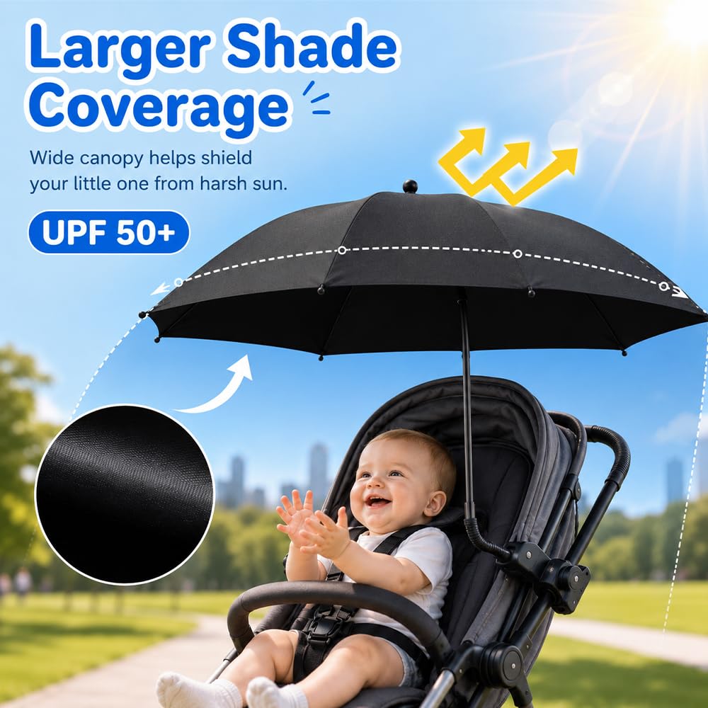 Ombrelle Poussette Universelle, Parasol Poussette Protection UV 50+, Diamètre 95cm, pour Tubes Ronds et Ovales, Noir