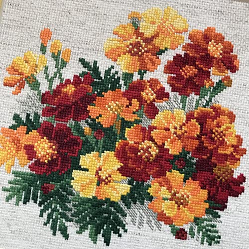 Image of RIOLIS - Marigolds 1556, Floral Cross Stitch Kits 7.75 inchX7.75 inch, Cross Stitch Kits for Beginners & Advanced, Crossstitching Kits Adult, Counted Stitching Kits, Flowers Embroidery Kit
