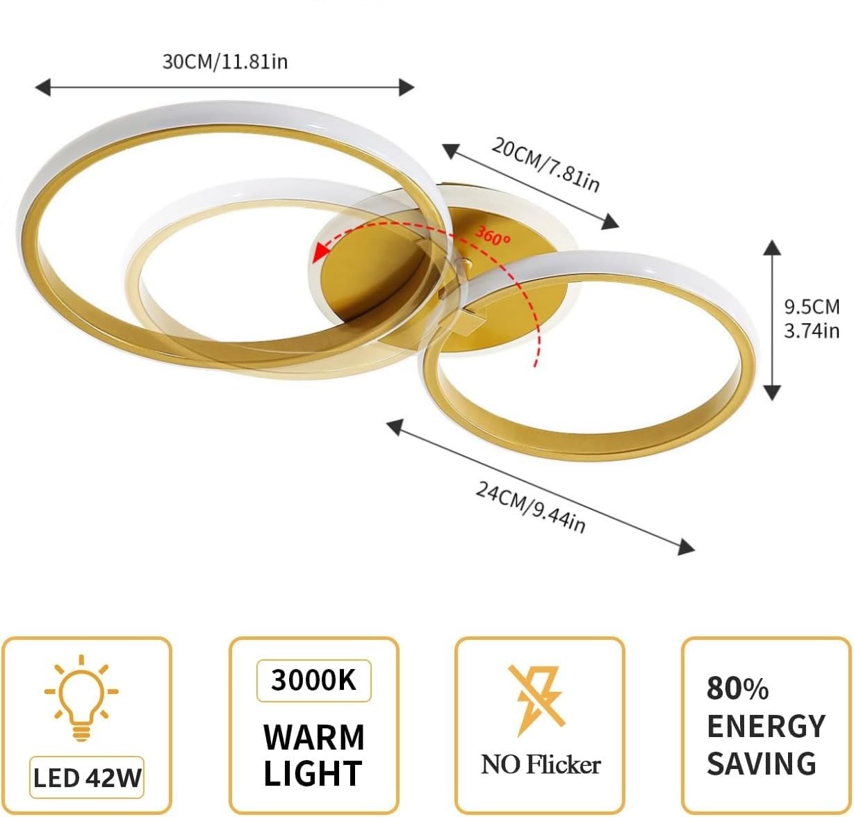 Comely Złoty Plafon LED, 42W 4700LM Nowoczesna Aluminiowa Lampa Sufitowa, Akrylowa Oprawa Sufitowa LED Do Salonu, Sypialni, Korytarza, Kuchni, Holu, Biura, 3000K Ciepłe Białe Światło