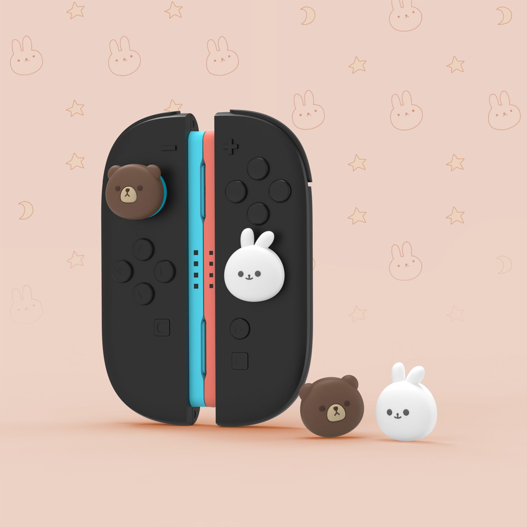 PlayVital 4 Piezas de Agarres para el Pulgar para Nintendo Switch 2 2025, Kawaii Tapas de Silicona para Joysticks de Joycon, Protector para Joystick, Accesorios para Switch 2 (Oso & Conejo)