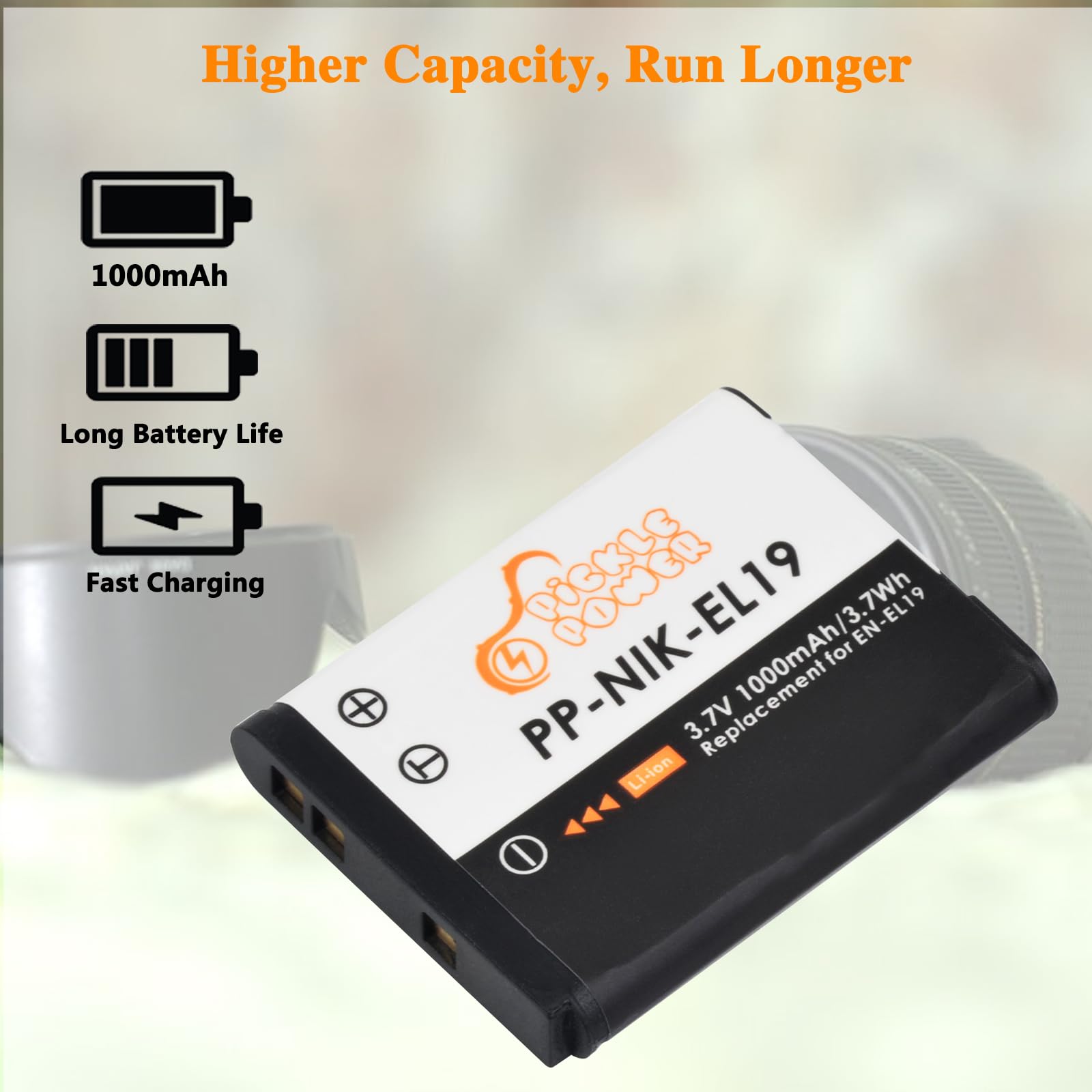 Pickle Power 2X EN-EL19 Batería & LED Doble Cargador para Coolpix S32 S33 S100 S2500 S2800 S3100 S3200 S3500 S3600 S4100 S5200 S6500 S6600 S6800 S6900