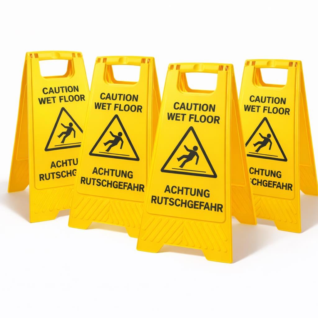 4 Stück Warnschild Rutschgefahr bei Nässe – faltbarer Warnaufsteller zweisprachig DE/EN 620x305mm für Reinigung, Hotel & Gastronomie