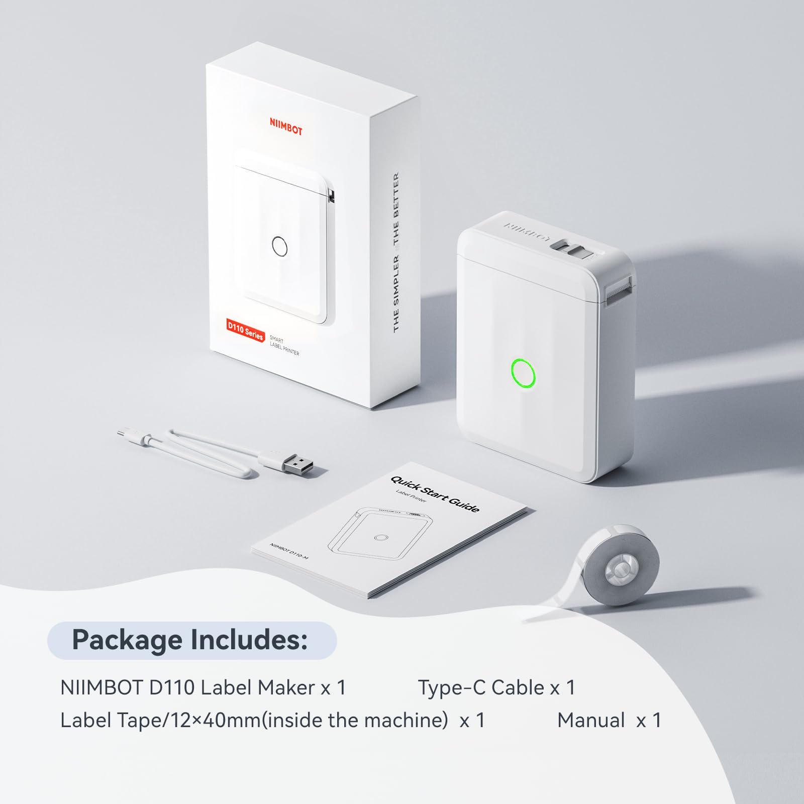 NIIMBOT D110 Upgraded Version Mini Label Maker Machine with Tape, Portable Bluetooth Thermal Printer, Sticker Labeler with Multiple Templates for Office Organization Home Kitchen School, White