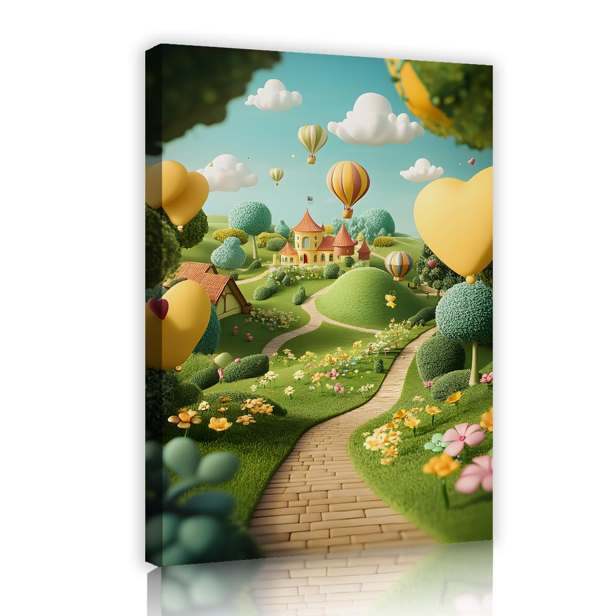 TOANGWALL Cute Cartoon Landscape Framed Canvas Wall Art Green Hills Hot Air Balloons Picture Gallery Wrapped Printed Poster for Kids Nursery Playroom Decor 75x115cm