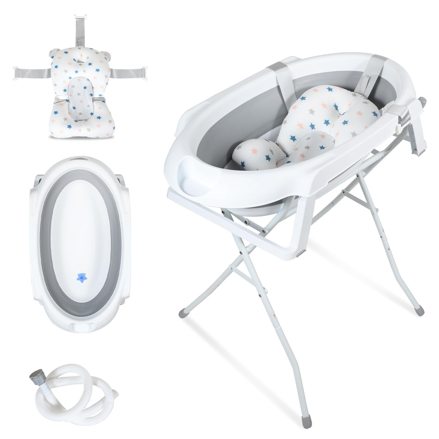 Bañera plegable para bebé con soporte, asiento de bañera, manguera de drenaje, tapón de agua reactivo de temperatura, ahorra espacio, seguro para bebés recién nacidos de 0 a 3 meses