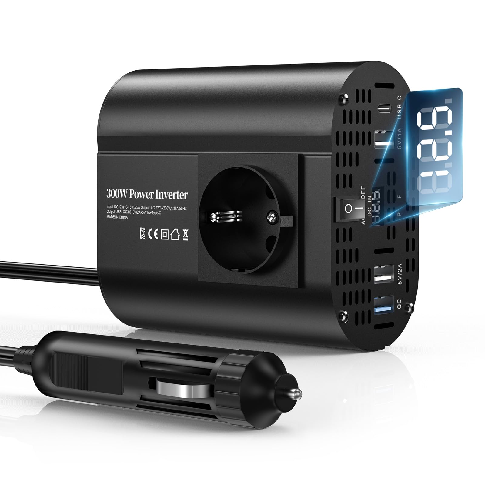 300W inverter 12v 220v, inverter auto con 1 presa, tipo C 30W, ricarica rapida USB 25W, 3 porte USB, display LED