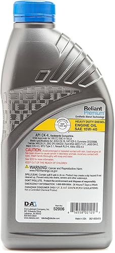 Miniatura 9 de D-A LUBRICANT COMPANY 52006, Reliant - Aceite de motor diésel prémium SAE 15W-40, 1 cuarto de galón (paquete de 12)