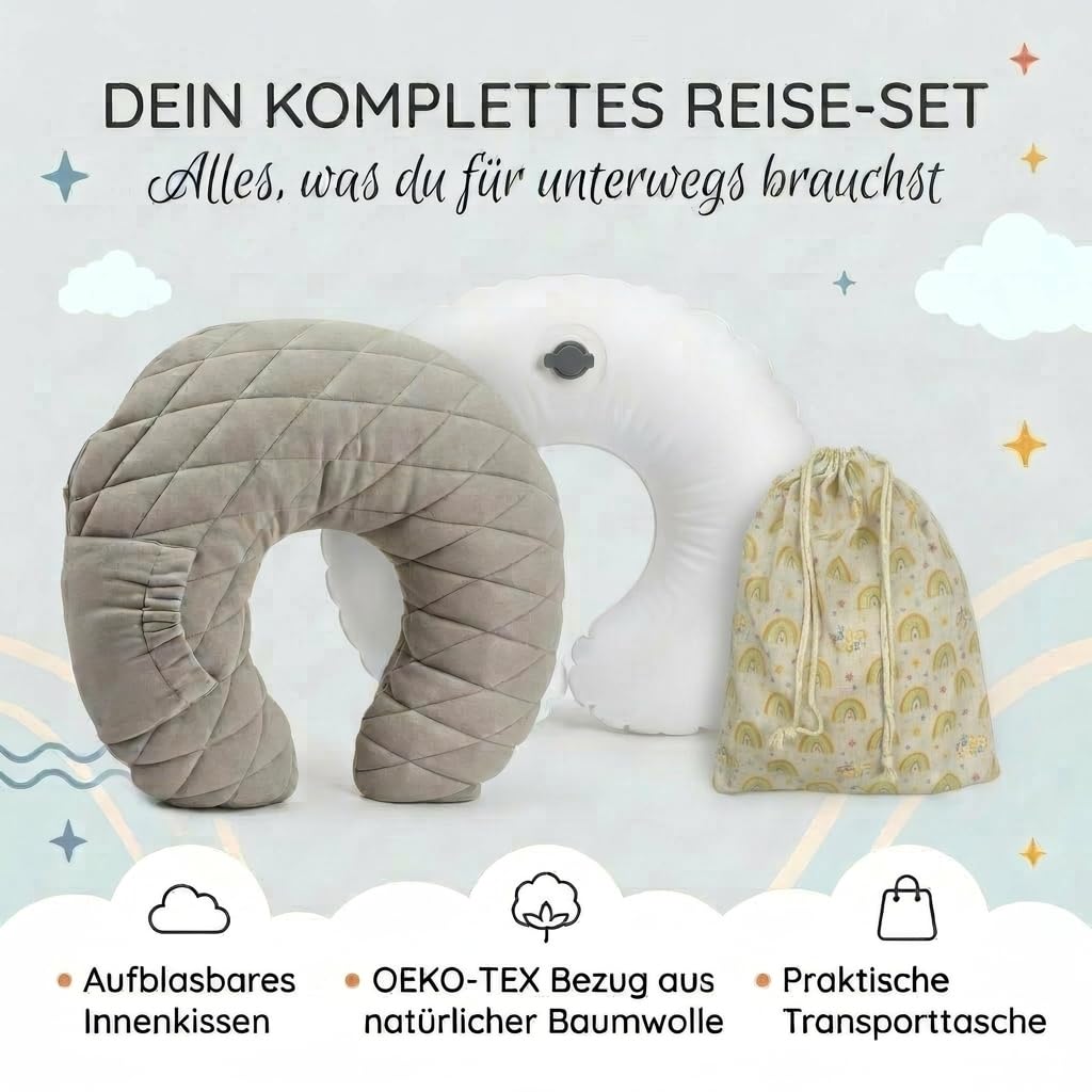 zoula kidz® Aufblasbares Stillkissen Klein - Stillmond Mondkissen Nursing Pillow für Reisen & Unterwegs - Stillhörnchen mit OEKO-TEX Baumwollbezug - flexible Festigkeit & Höhe, waschbar & atmungsaktiv