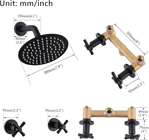 Miniatura 9 de Ducha negra mate con 2 asas con cabezal de ducha de lluvia de 6 modos, kit de molduras de ducha de una sola función con válvula áspera, montaje en
