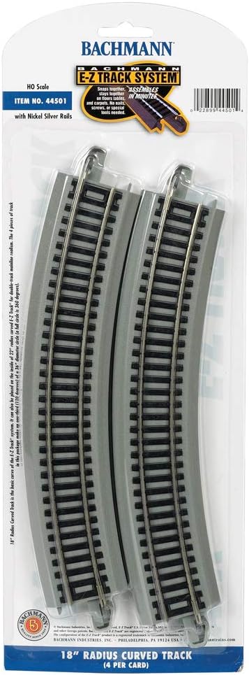Trains - Snap-Fit E-Z TRACK 18” RADIUS CURVED TRACK (4/card) - NICKEL SILVER Rail With Gray Roadbed - HO Scale , Grey