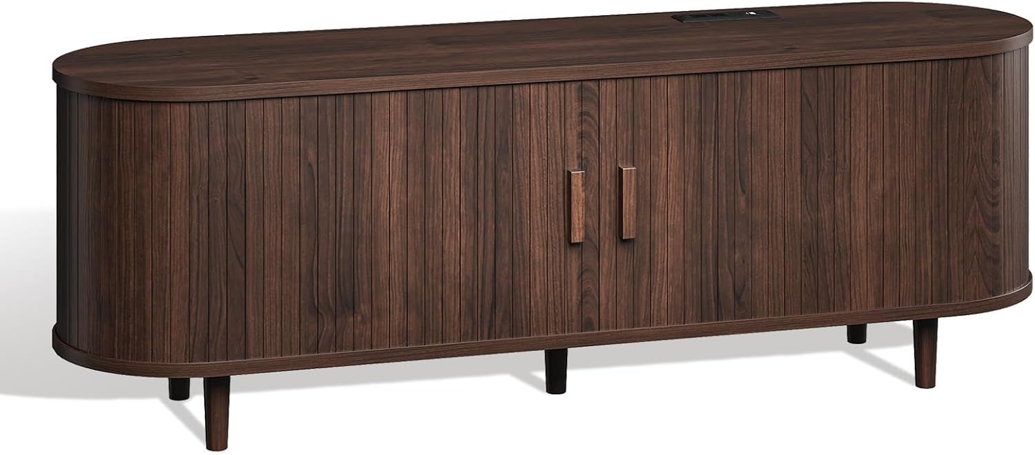 oneinmil 58" Mid Century Modern TV Stand, TV Consoles with Sliding Doors, Wood Entertainment Center with Power Outlet and Adjustable Shelves, Fluted Television Stand for Living Room, Walnut