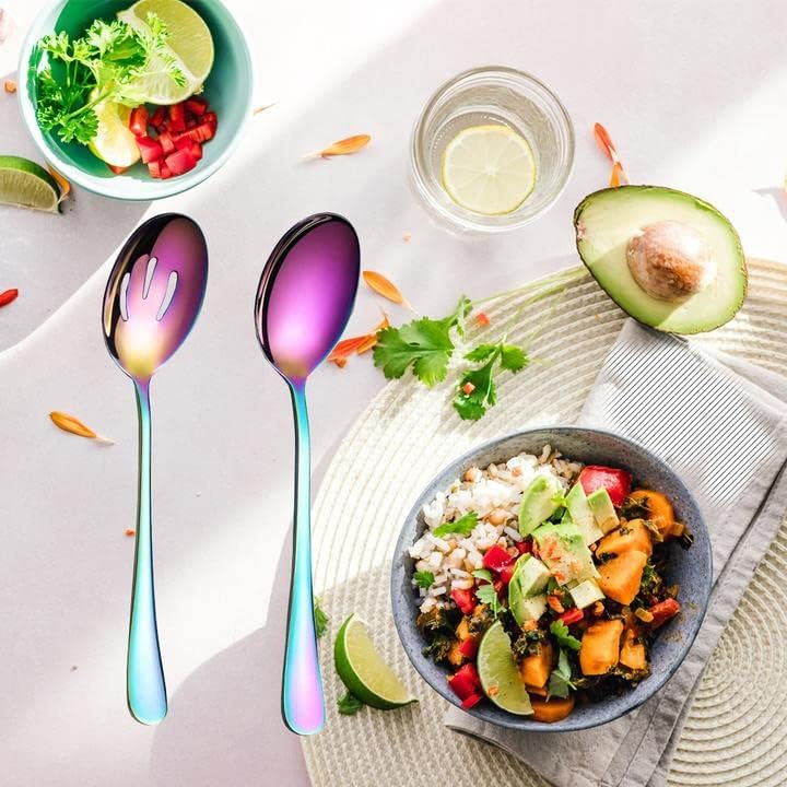 Flatware Spoons Server Set, Rainbow 6 Large Dinner Spoon Server and 6 Slotted Spoon, Catering Public Serving Spoon Set for Buffet Party Banquet