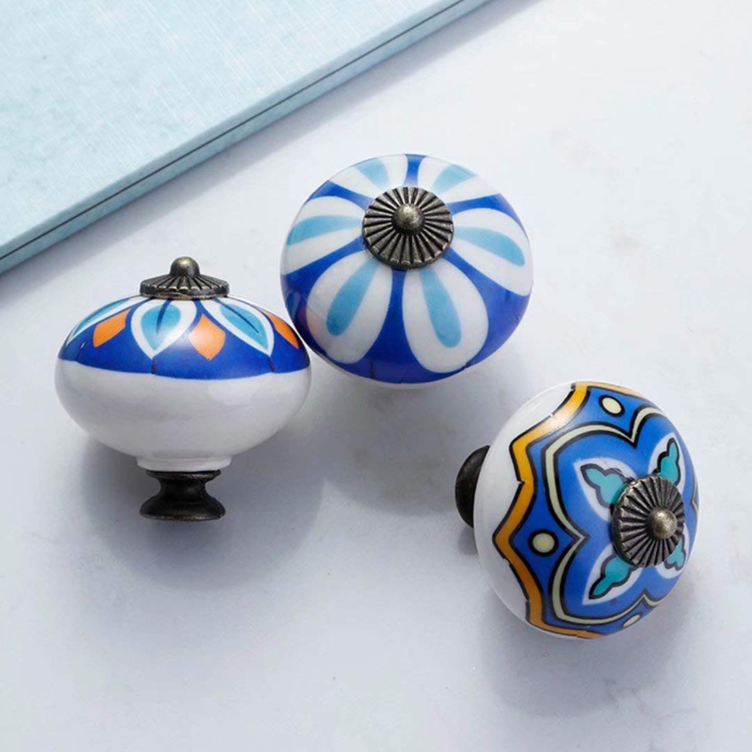Pomos De Cerámica Para Muebles - Pack De 10, Diseño Calabaza Azul, 40 Mm, Con Tornillos