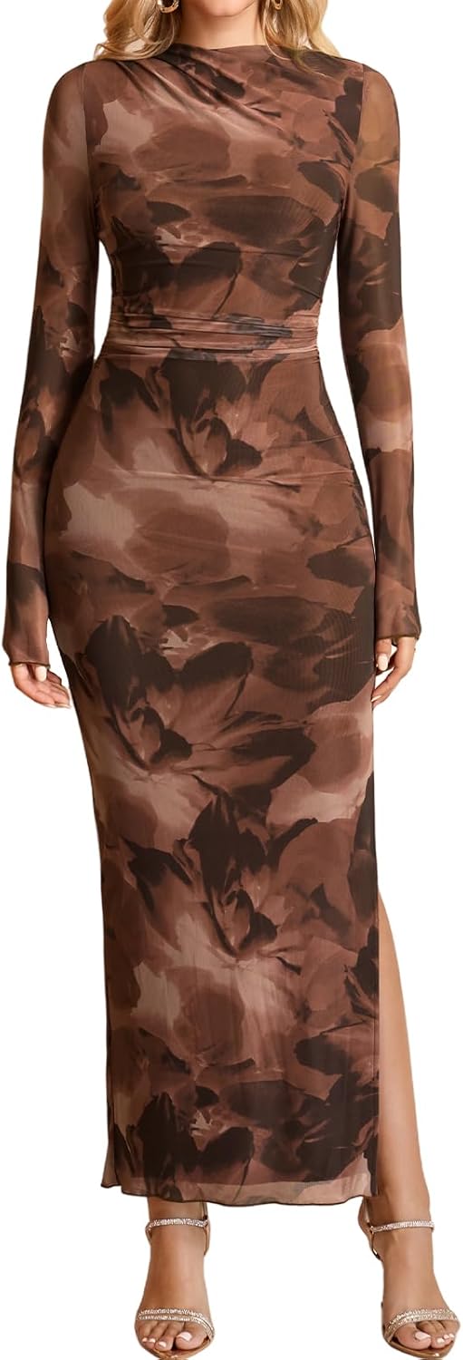 XinFSh Women's Spring Long Sleeve Wedding Guest Maxi Dress Mesh Ruched Bodycon Formal Cocktail Dresses