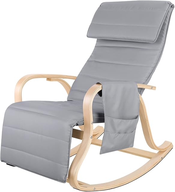 FirFurd Rocking Chair Relax Lounge Chair with Cushion Wooden Balcony Chair Resting Armchair for Bedroom Living Room Gray Ergonomics 65×86×100cm