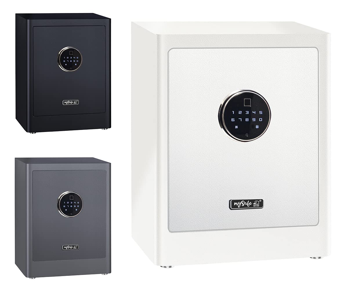 Caja fuerte electrónica para armario mySafe Premium 450, código numérico y escáner de dedos, diseño moderno, alta seguridad, color blanco