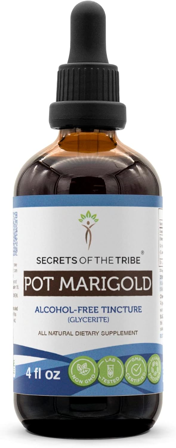 Secrets of the Tribe Pot Marigold Alcohol-Free Tincture (Glycerite) 652 mg Pot Marigold (Calendula, Calendula Officinalis) Dried Flower (2 Fl Oz) Digestive Support Supplement