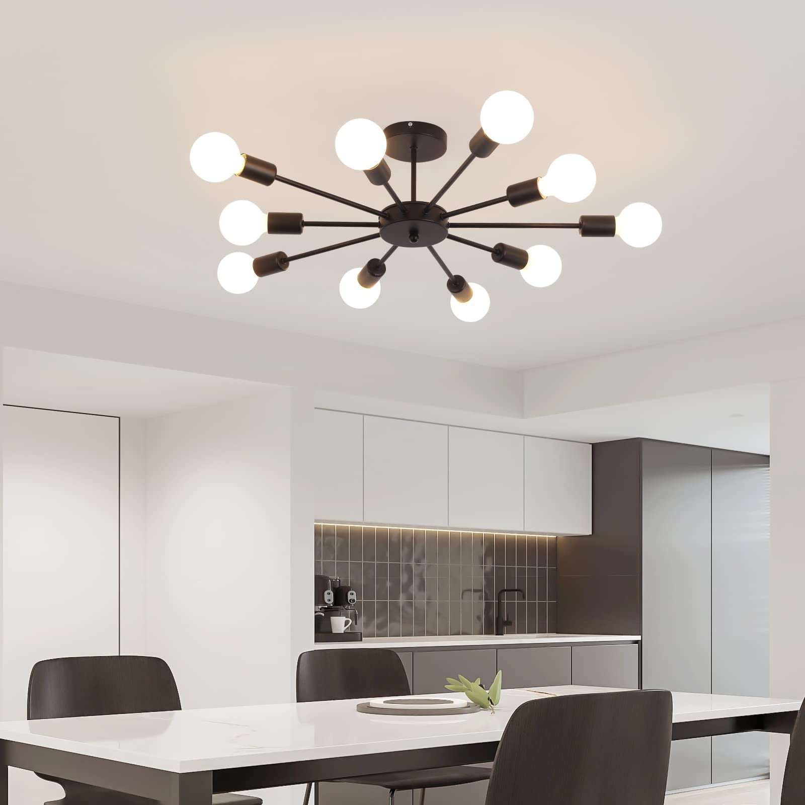 Kronleuchter Deckenleuchte, 10- Licht E27 Sockel Moderner Schwarzer Kronleuchter, Einfach Industrielle Vintage Hängende Pendelleuchte für Küche Bauernhaus Wohnzimmer Esszimmer Schlafzimmer
