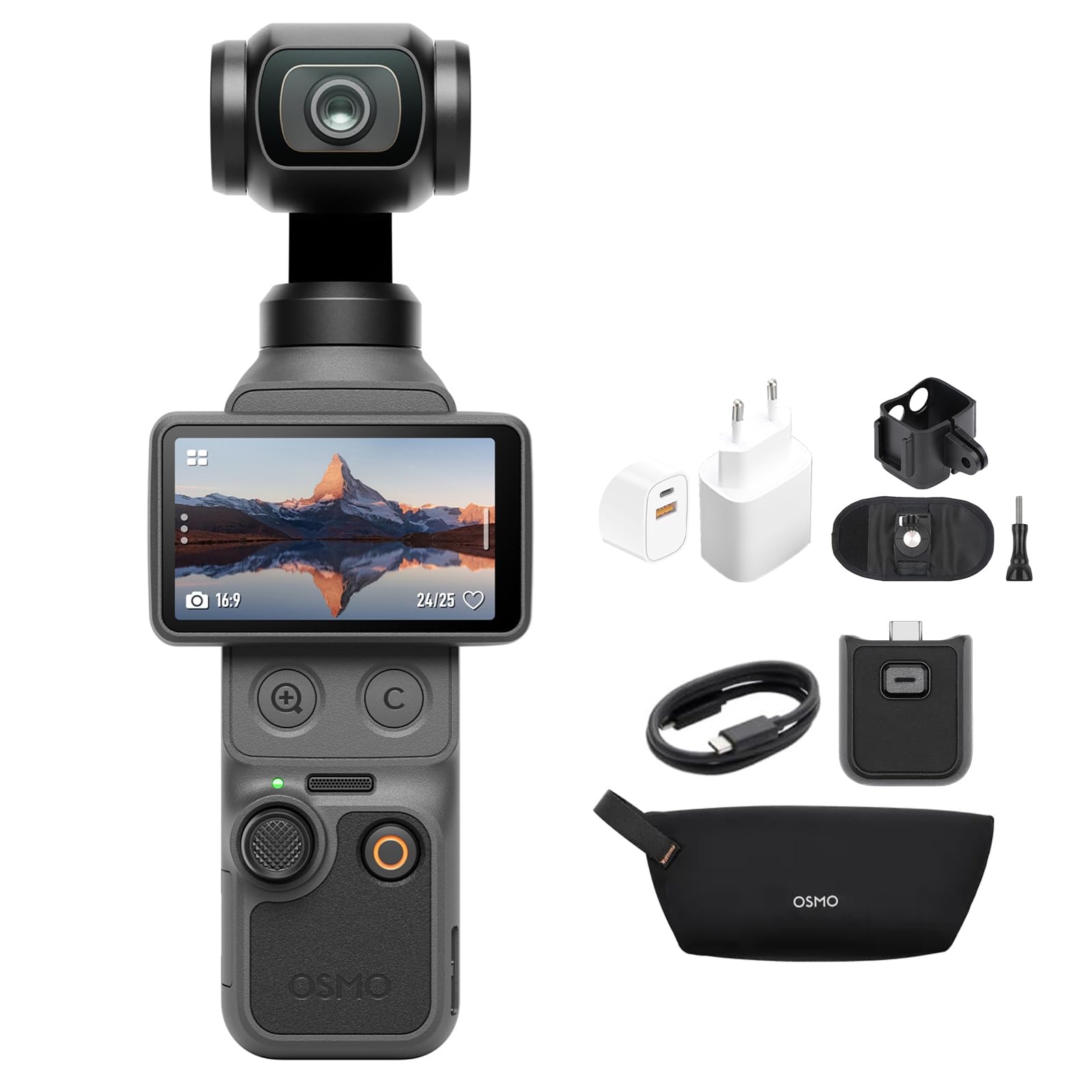 DJI Osmo Pocket 4 Combo Essential, fotocamera stabilizzata tascabile per vlog, CMOS da 1″ e 4K/240fps, 107 GB di memoria integrata (Supporto Tracolla+ Spina di ricarica)