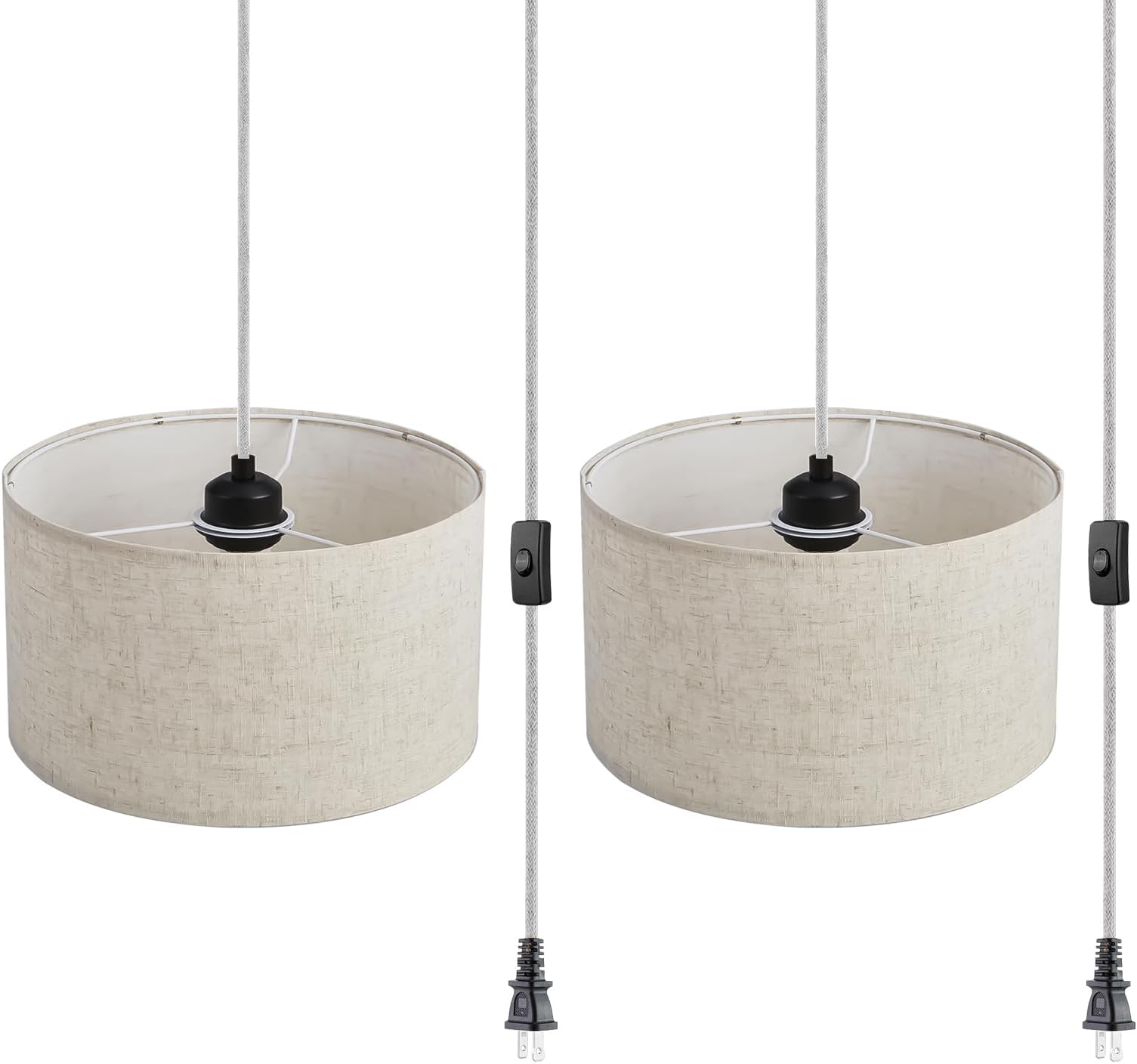 2 Pack Plug in Pendant Light Set,15 FT Hanging Lamp with Plug in Cord, Pendant Lights with Fabric Shade, Hanging Pendant Light Fixture for Bedroom, Kitchen, Living Room, Dining Table (Beige)