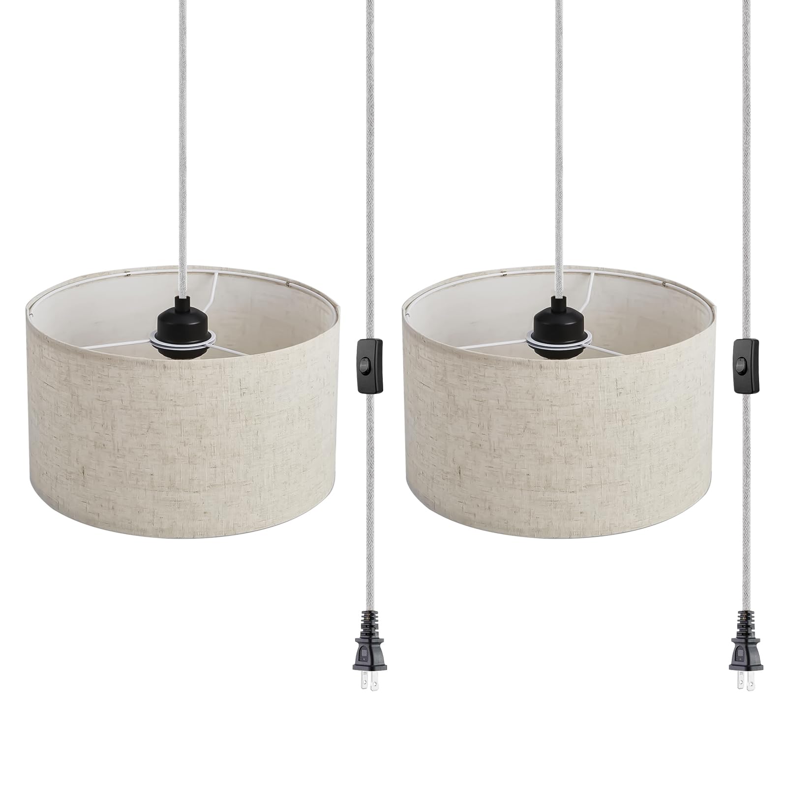 2 Pack Plug in Pendant Light Set,15 FT Hanging Lamp with Plug in Cord, Pendant Lights with Fabric Shade, Hanging Pendant Light Fixture for Bedroom, Kitchen, Living Room, Dining Table (Beige)