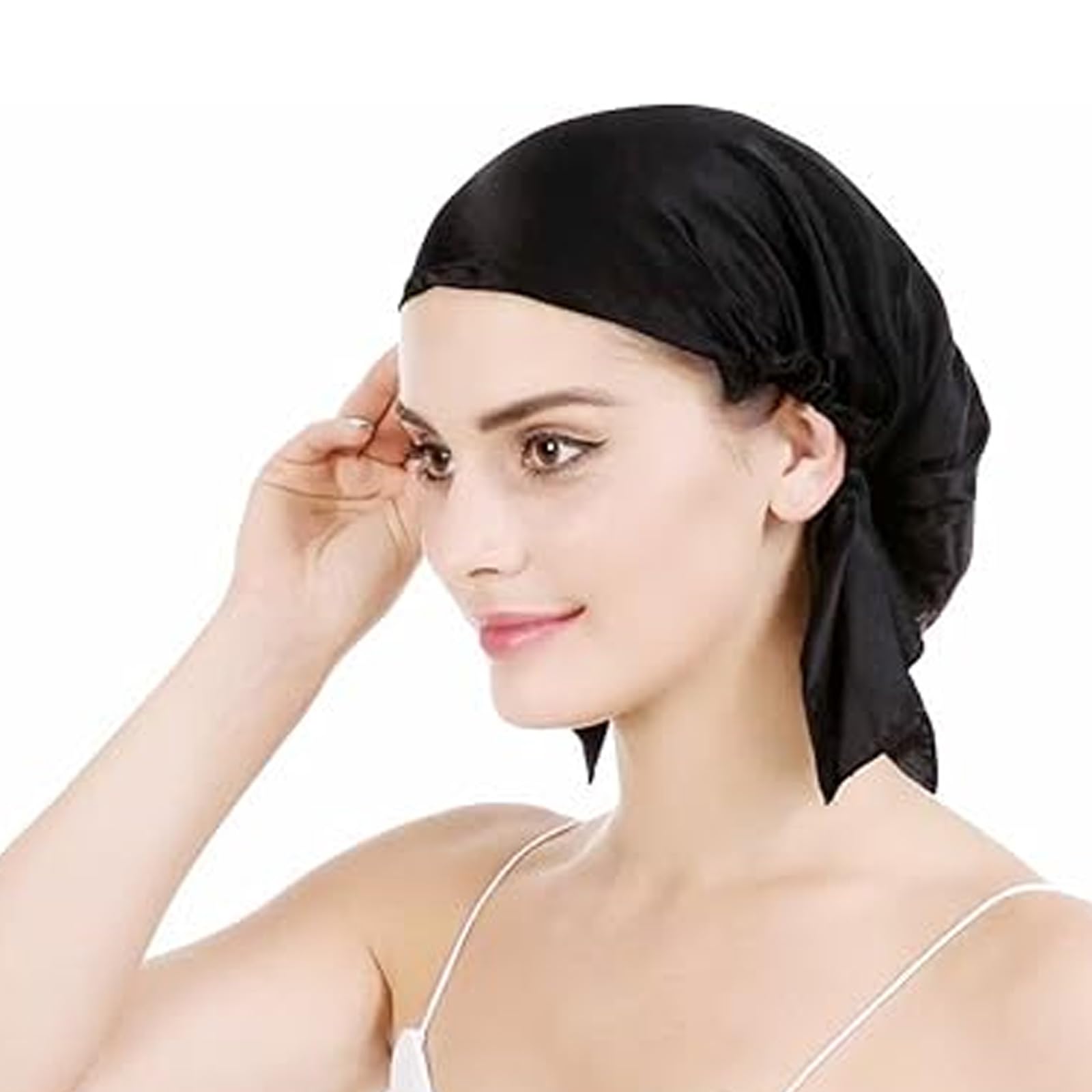 TRHDFW Mulberry Silk Night Sleep Cap Bonnet for Hair Loss Women Silk Hair Wrap 19 Momme Soft with Adjustable Elastic Ribbon Black - Image 2