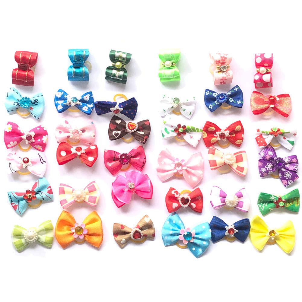 Lot de 50 nœuds en poils d'animaux avec bande en caoutchouc pour petits chiens Yorkshire, couleurs assorties