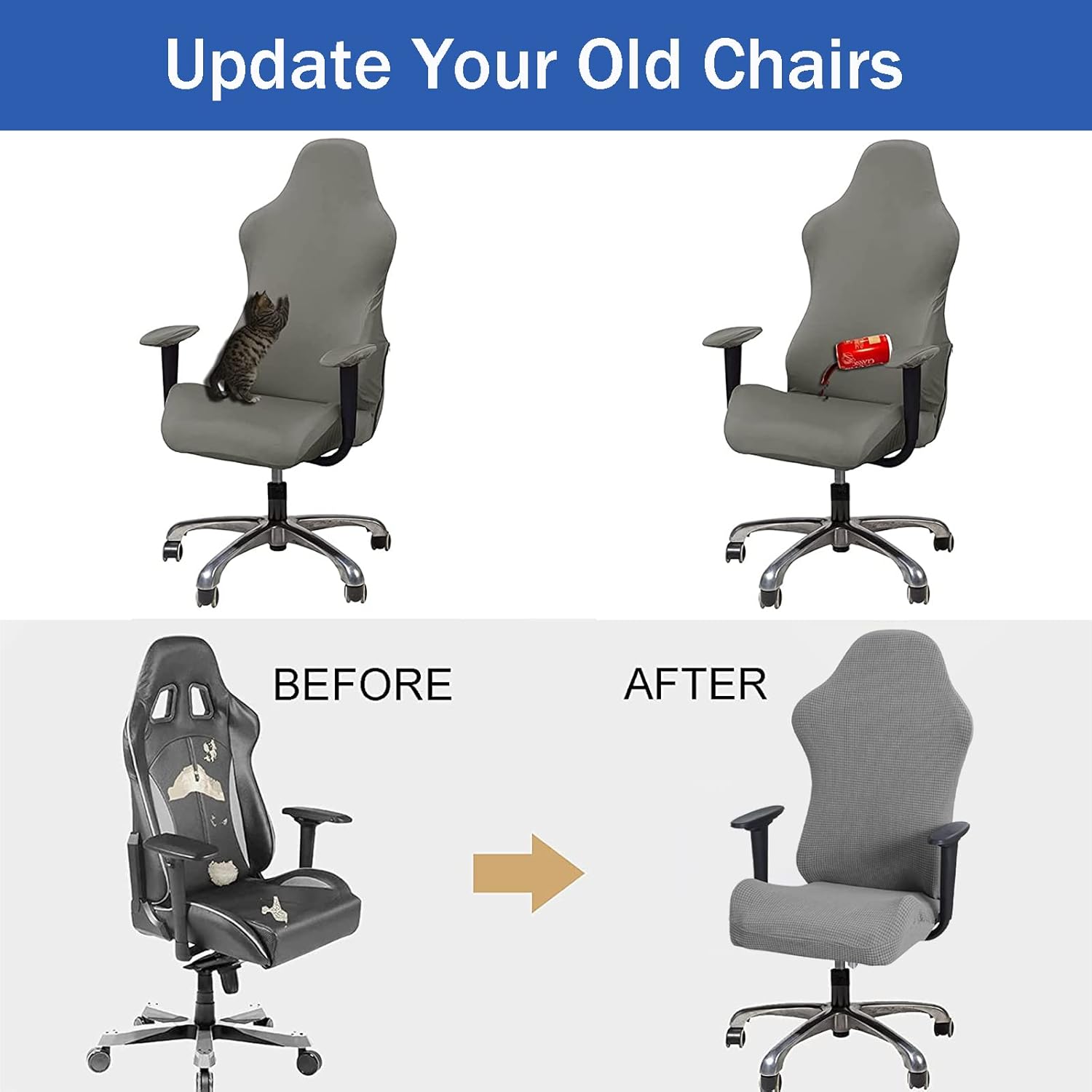 Gaming Chair Cover Spandex Stretch Gaming Chair seat Cover for Leather Office Game Reclining Racing Ruffled Game Chair Cover -Blue