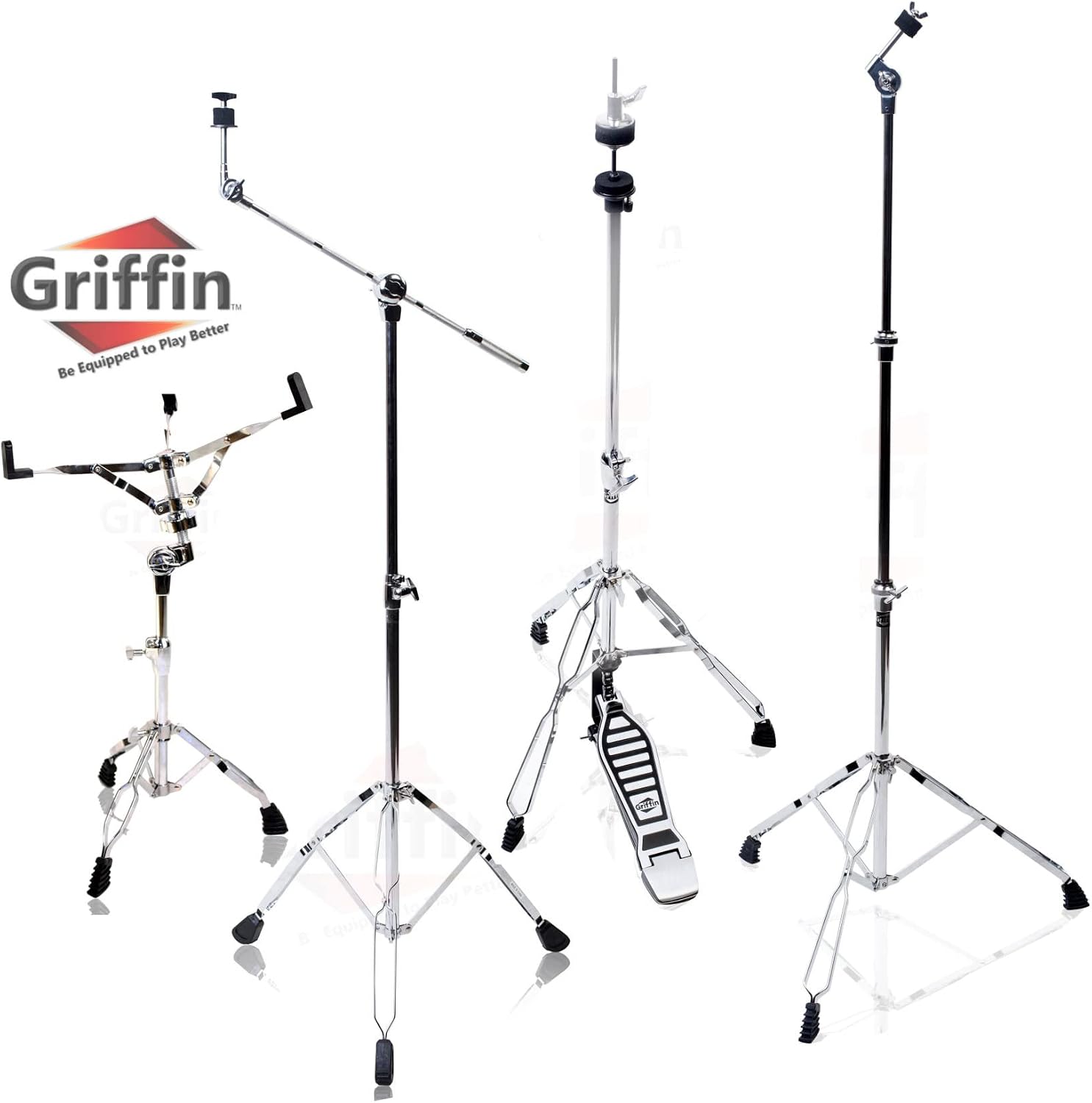 GRIFFIN Cymbal Stand Hardware Pack 4 Piece Set | Full Size Percussion Drum Hardware Kit with Snare Mount, Hi-Hat Pedal, Cymbal Boom, & Straight Cymbal Stand | Lightweight & Portable | Perfect for Gigs