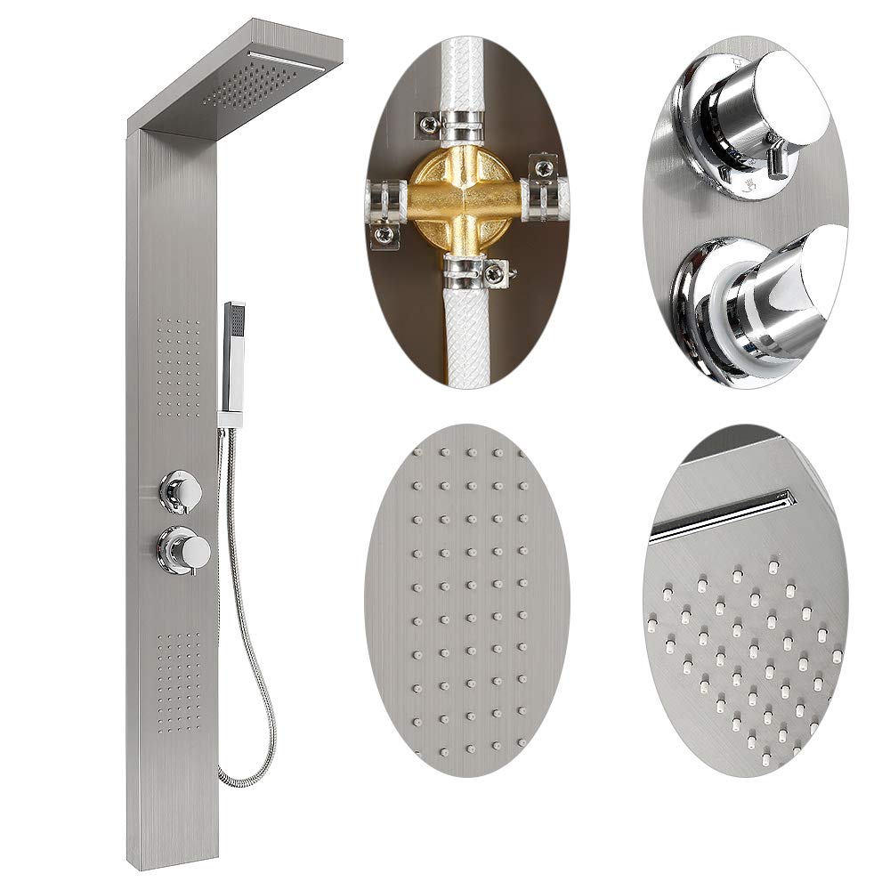 Pannello Doccia Idromassaggio in Acciaio Inox -Colonna Doccia Idromassaggio con Miscelatore, Pannello Doccia Acciaio Inox 3 Funzioni, 15 * 47 * 130 cm (acciaio inossidabile)