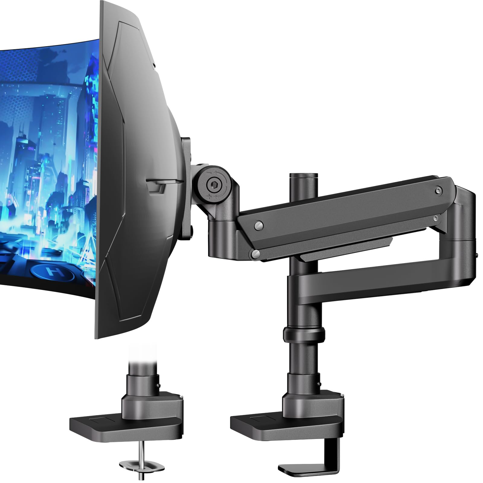 Supporto per monitor piatto e curvo da 17 – 57 pollici, molla a gas monitor, regolabile in altezza, orientabile, capacità di peso 2 – 20 kg per braccio, VESA 75/100 mm, Nero