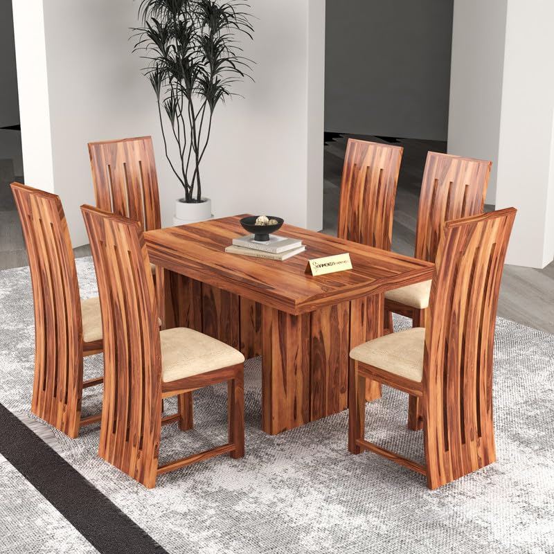 Image of Solid Sheesham Wood Dining Room Sets 6 Seater Dining Table with 6 Chairs for Dining Room, Living Room, Kitchen, Hotel, Restaurant, Cafeteria (Estra, Honey Finish)