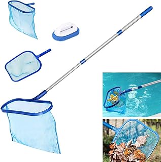 Swimming Pool Skimmer Set, Swimming Pool Pond Flat Net & Deep Bag Leaf Rake with Aluminum Telescopic Pole Heavy Duty Leaf Skimmer + 1Pcs Cleaning Sponge Brush for Garden Pond, Hot Tub Fish Tank