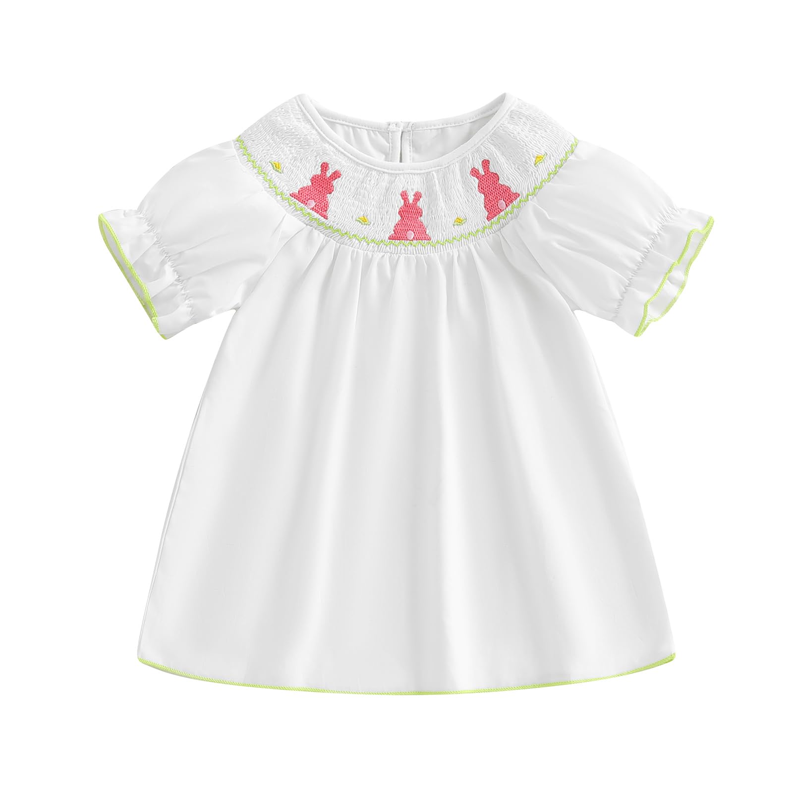 AHUGHAUE Toddler Girl Easter Smocked Dress Puff Short Sleeve Bunny Embroidery Dresses Cute Summer Smocked Outfit (White, 0-3 Months)