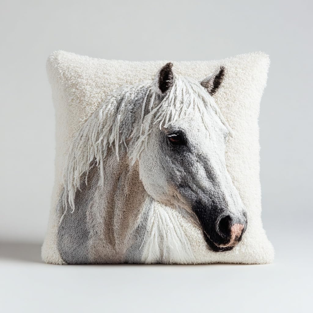 Latch Hook Kit Pillow Cute White Horse Portrait with Grey Background with Pre-Printed Pillow Cover DIY Pillowcase Crochet Yarn Hooking Craft Set for Hobby and Home Decor 43x43cm-2