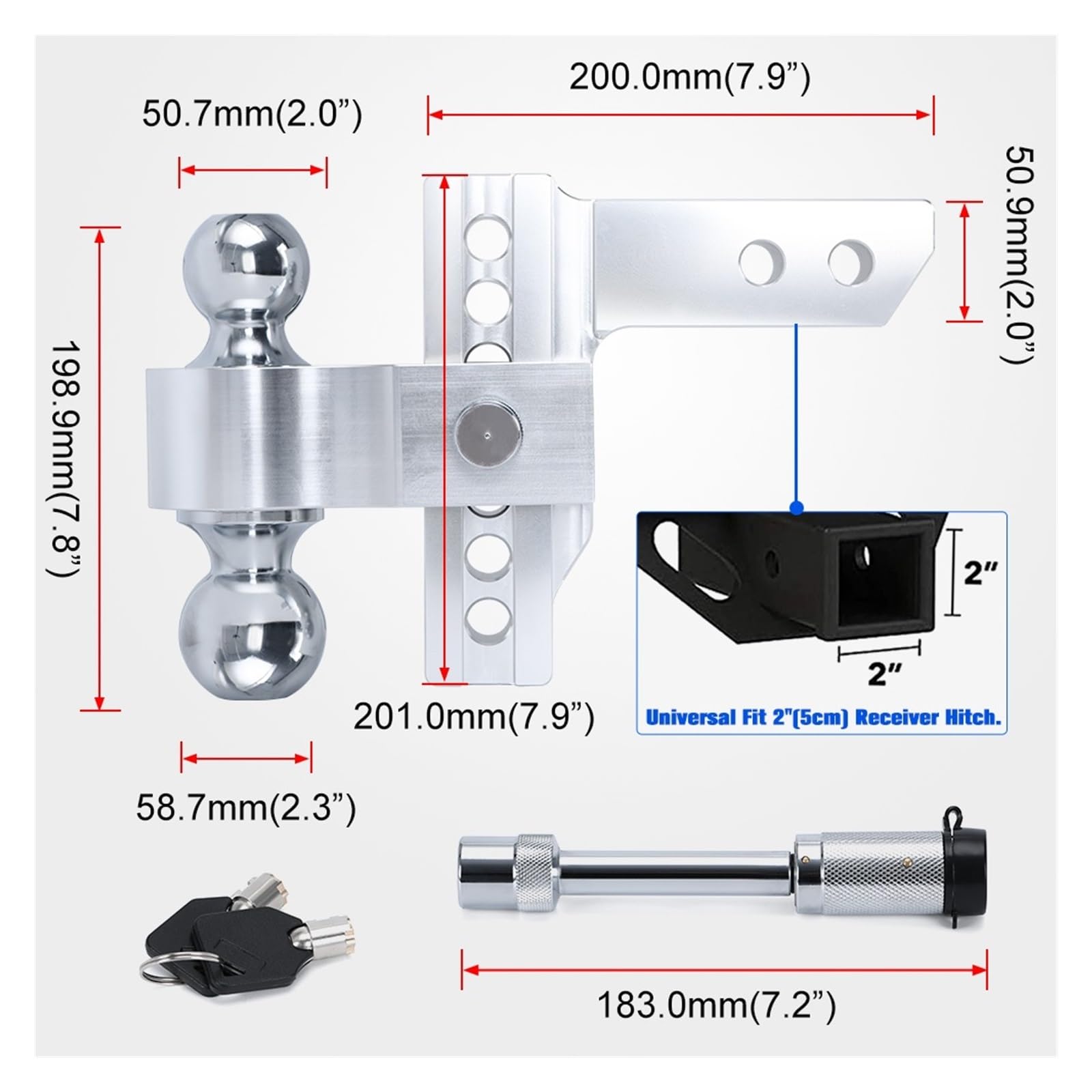 Attache Remorque, Récepteur 2'' Attelage De Remorquage Réglable en Hauteur/Hauteur De 6'' À Double Boule avec Verrouillage 10 000 LB