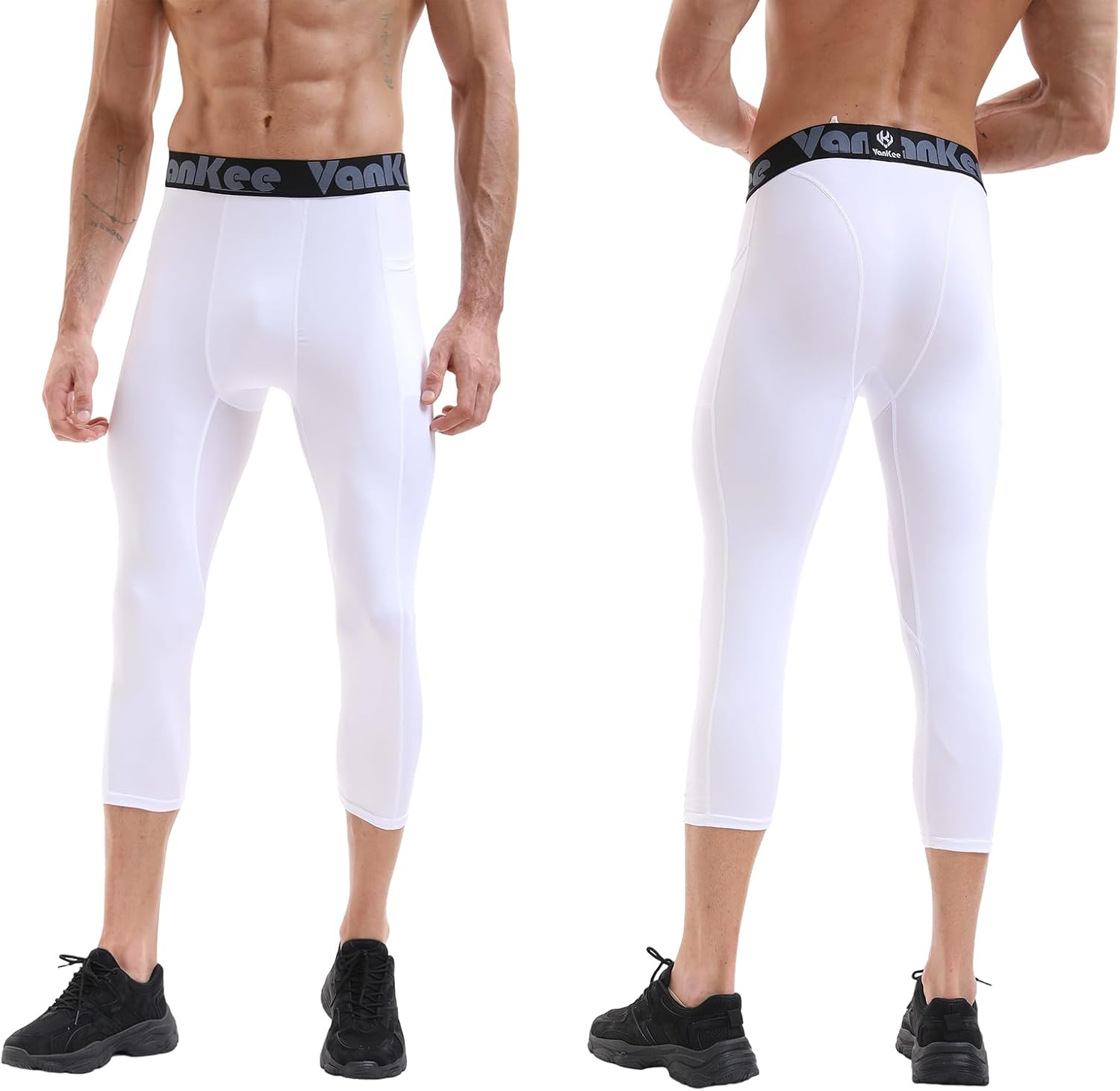 3/4 Men's Compression Pants Leggings with Pockets Quick Dry Workout Athletic Baselayer Bottoms Running Tights - Image 2