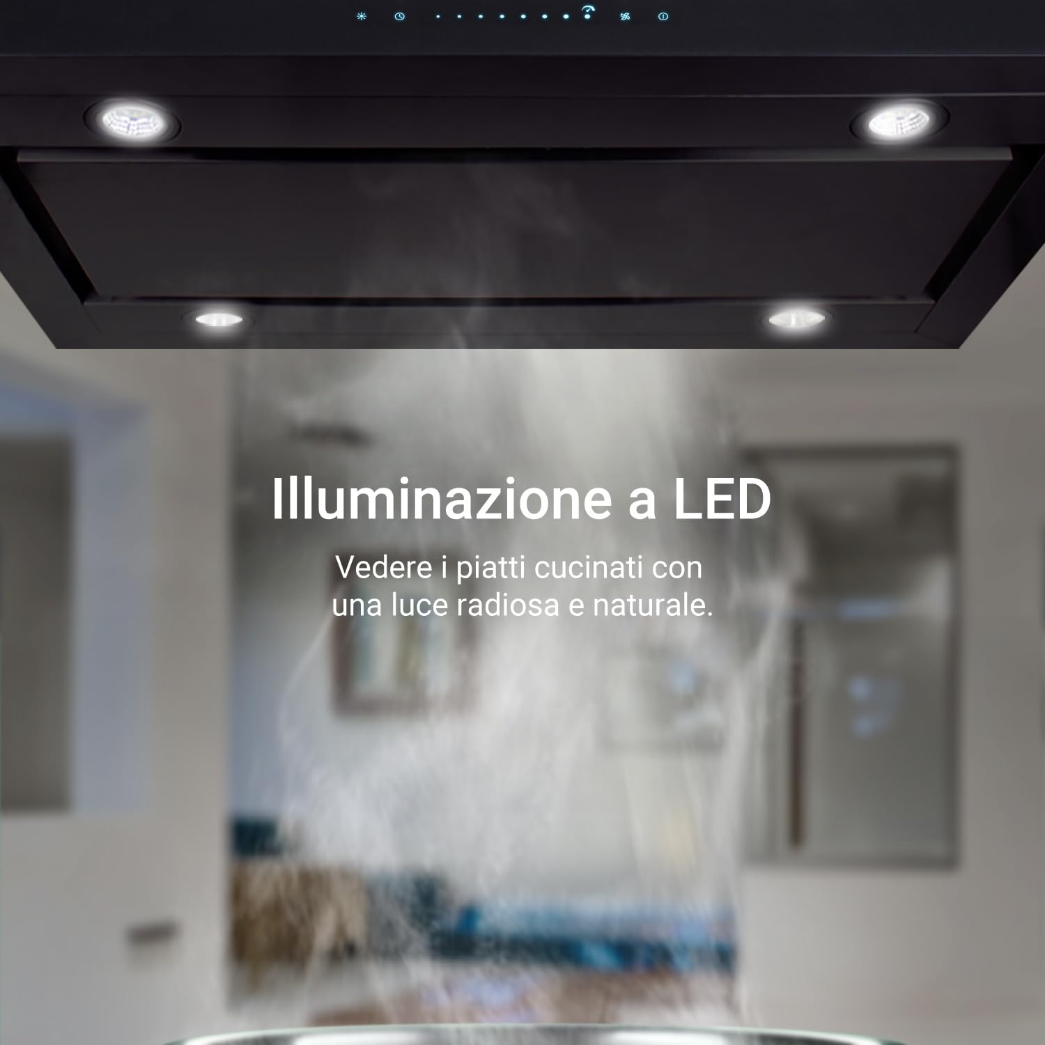 KKT KOLBE A+++ Cappa aspirante 90 cm 680 cbm/h Isola di scarico dell'aria nera vetro Smart WiFi App Wi-Fi Funzione di ricarica automatica SensorTouch con filtro a carbone FLAT-INSEL-6S