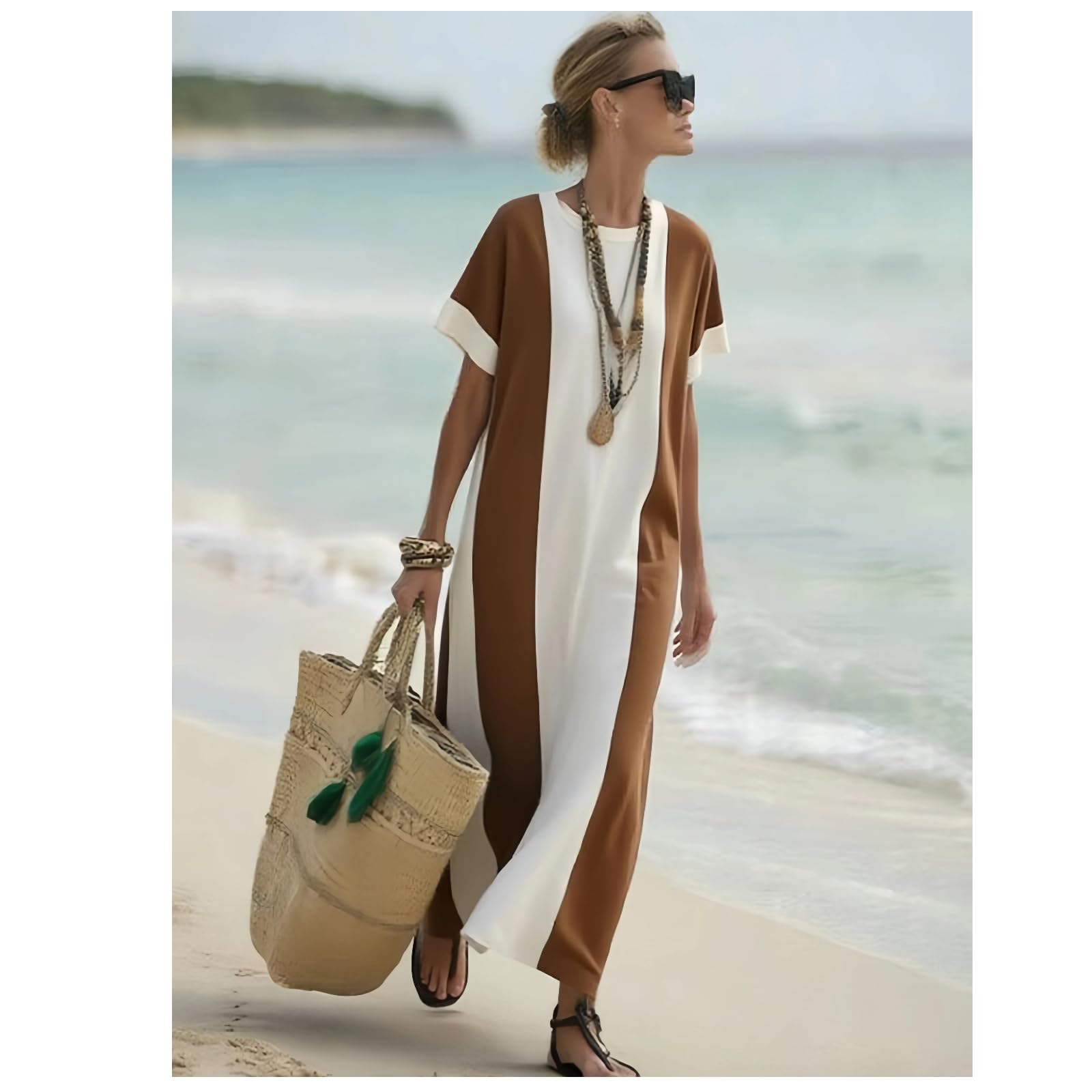 Vestido Suelto de Bloques de Color para Mujeres en la Playa vacacional