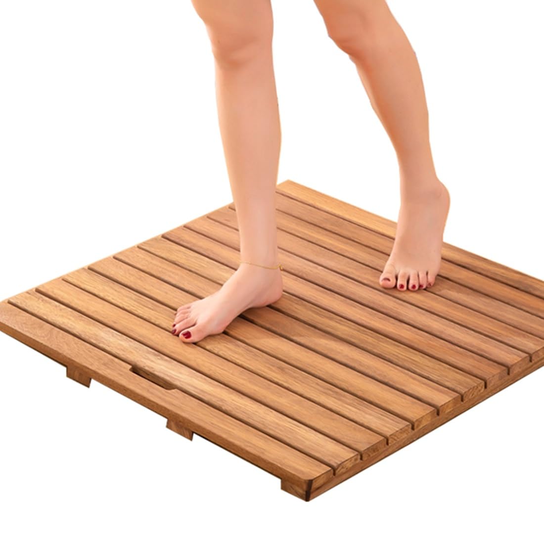 MESOVFCA Large Teak Shower Floor Mat, Customizable Non Slip Square Wooden Bath Mats, 20 24 28 30 32 34 36 38 40 44 Comfortable Bathtub Mat for Bathroom, Spa, Sauna, Pool, 24x24in(61x61cm)