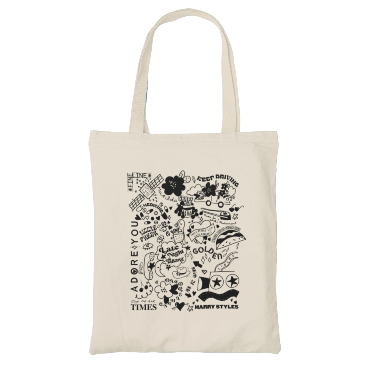 Harry Black Doodle Natural Tote Bag - Styles Love On Tour Songs Albums Singer Famous Celebrity Fan Adore Fashion Carrier Shopper Shopping Gifts Presents