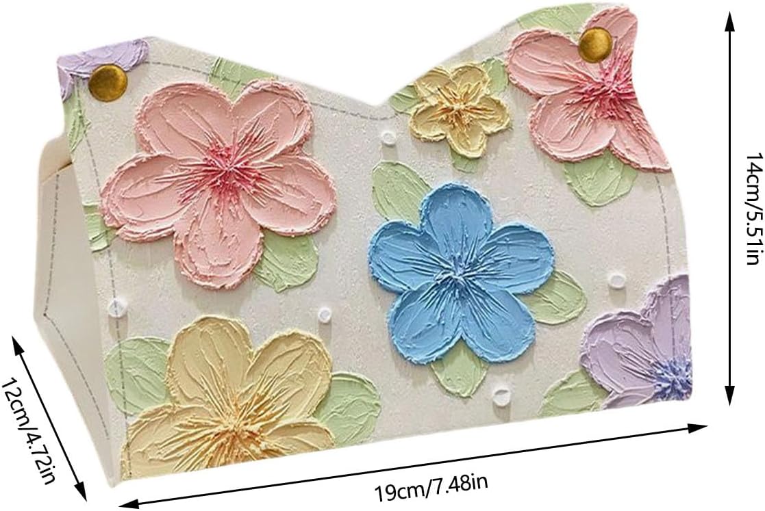 Decorative Leather Tissue Box Cover Featuring Bright Oil Painting Flowers Design Practical Leather Tissue Holder Artistic Storage Box