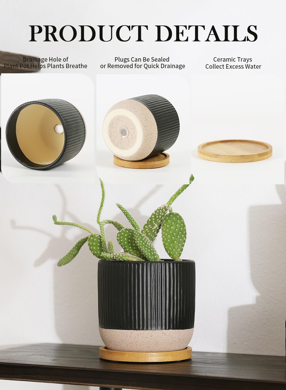 4 Inch Ceramic Plant Pots with Drainage Holes and Trays, Black Vertical Stripes Succulent Pot with Saucer, Small Flower Planter Sets for Indoor Plants, Cactus & Herbs, Set of 4