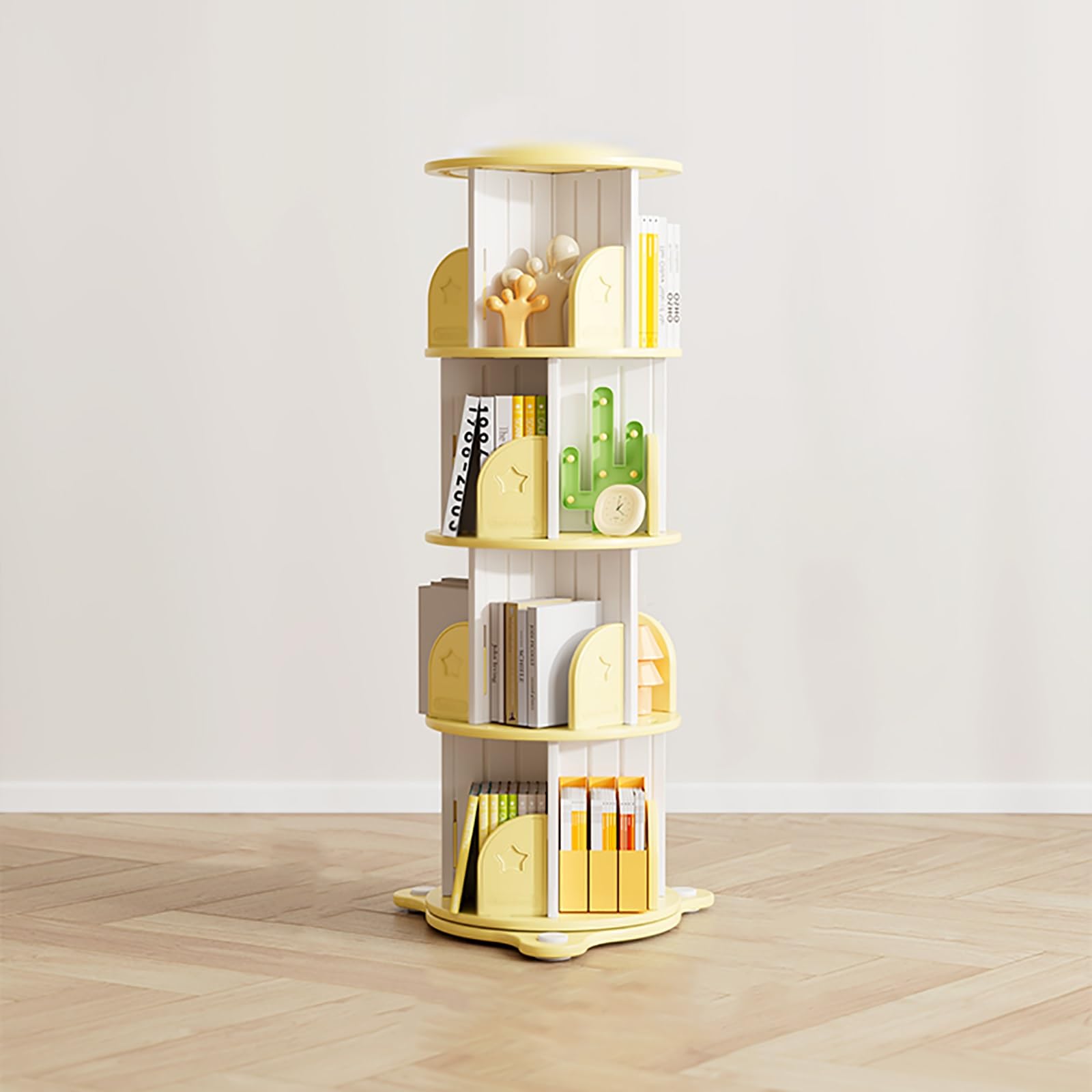 ASerZenith 360° Rotating Bookshelf Multifunctional Vertical Storage Rack Decorative Office Shelf Home Yellow 132Cm/52In - Stylish Space-Saving Solution