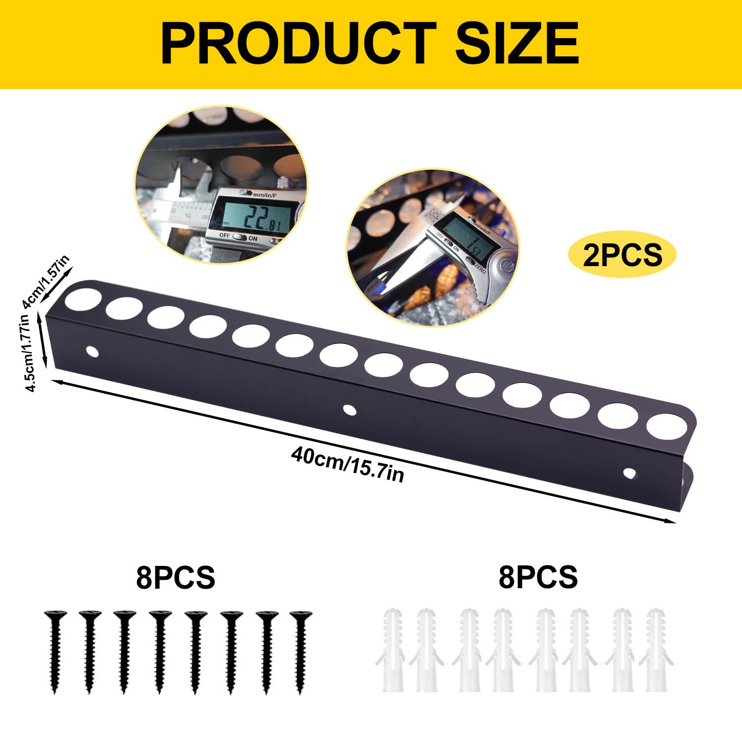 2 piezas de soporte de pinzas para pared, soporte de pared de 40 cm para herramientas, soporte de pared con 14 agujeros para herramientas con tornillos y tubo de expansión, accesorio para taller